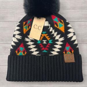 Black and Multi-Colored Aztec Pattern Beanie W/Pom on top - NWT